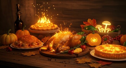 Enchanting Thanksgiving Feast: Flaming Turkey & Glowing Pies, Autumnal Still Life