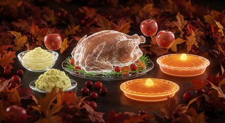Ethereal Thanksgiving Feast: Transparent Turkey, Floating Apples, Glowing Pies