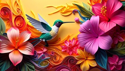 Colorful hummingbird with tropical flowers in vibrant artistic design
