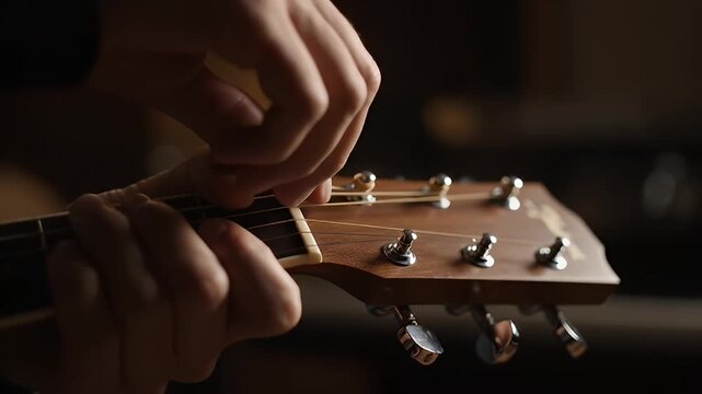 Close-up of a person's hands playing an acoustic guitar, focusing on the fretboard and tuning pegs