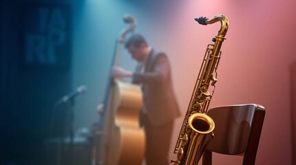 Fototapeta premium Saxophone on chair foreground with jazz performance on stage