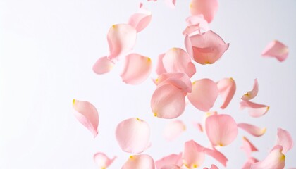 Delicate pink rose petals gently falling through the air against a white background.