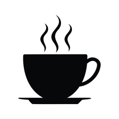 Black silhouette of a hot cup of coffee or tea on saucer, coffee cup with steam silhouette vector illustration
