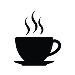 A steaming hot cup of coffee on a saucer in simple vector format, coffee cup with steam silhouette vector illustration