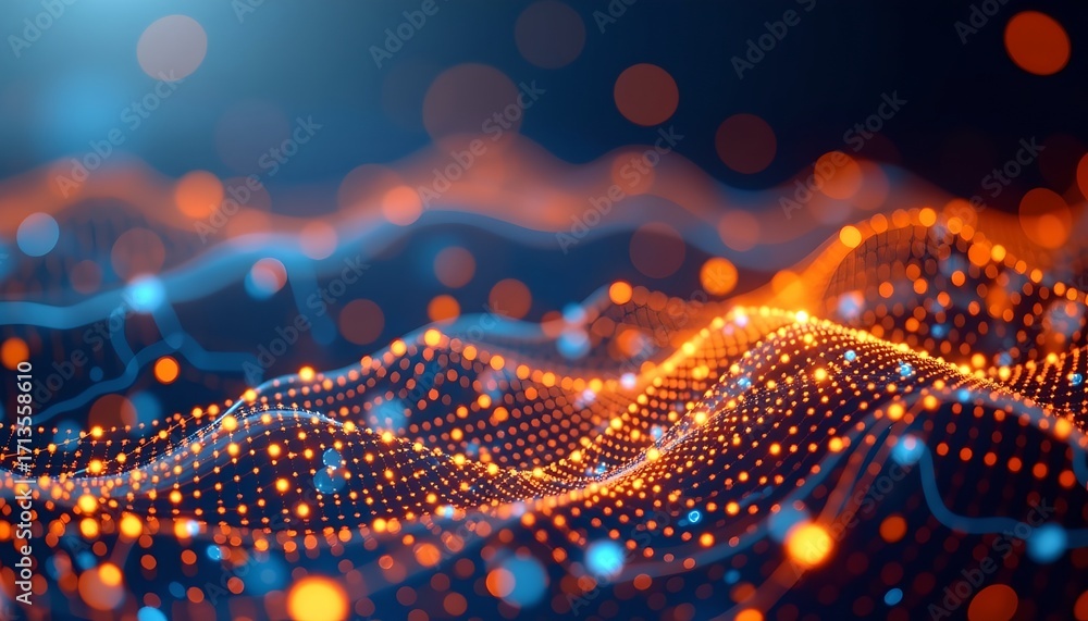 Poster an abstract image of a network with glowing light points, representing data flow and digital connect