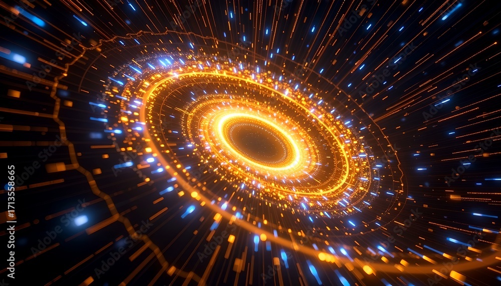 Poster a mesmerizing and dynamic abstract illustration of an orange digital data tunnel, representing the f