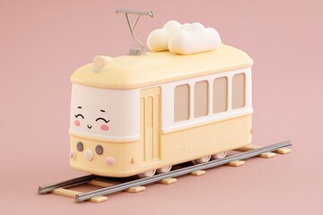 Cute yellow and white kawaii toy tram on tracks isolated on pink background