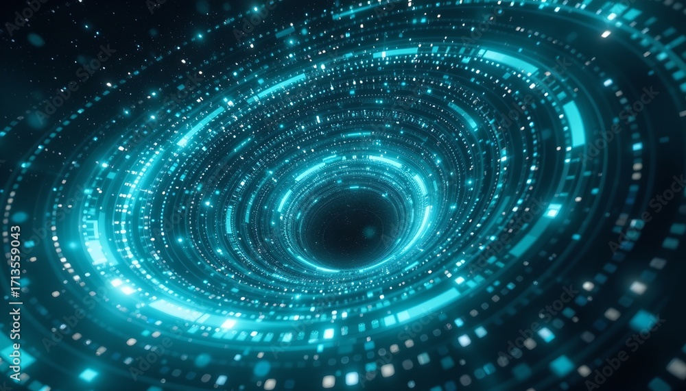 Poster a stunning digital visualization of a black hole, with bright blue and cyan light, and dynamic visua