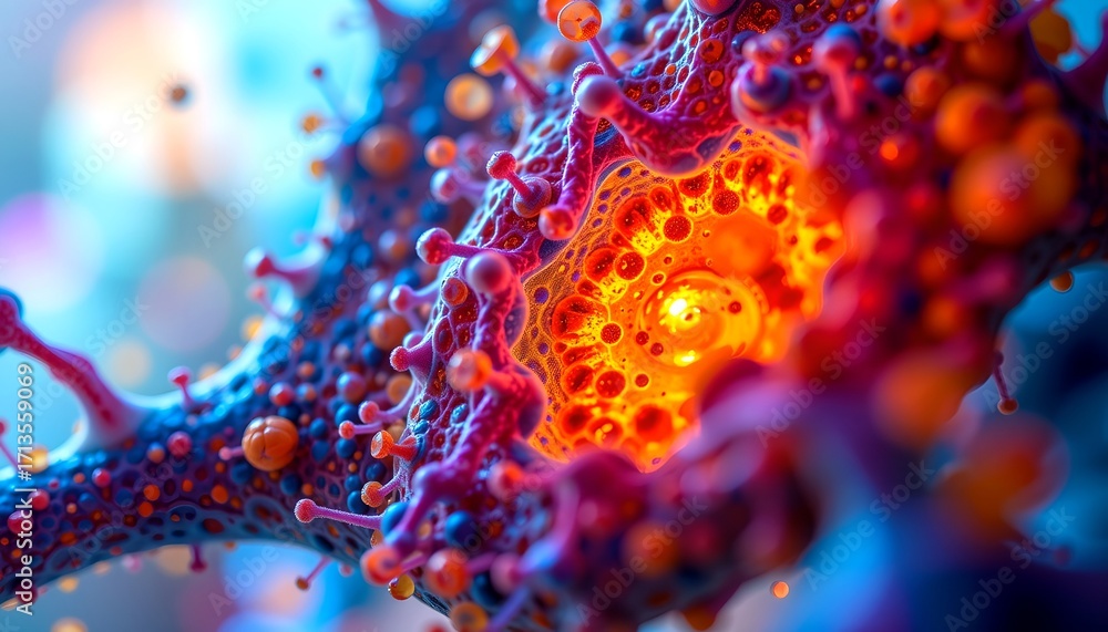 Poster a detailed close-up of a vibrant and complex virus cell. the intricate structure is highlighted with