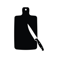 Simple black and white illustration of a knife resting on a cutting board, cutting board with knife silhouette vector illustration