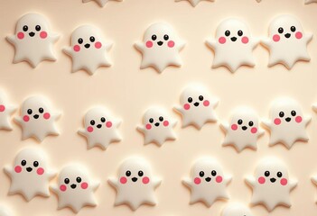 Tiny friendly ghosts with rosy cheeks and big eyes forming a repeating pattern on a pastel background,  spirit,  charming