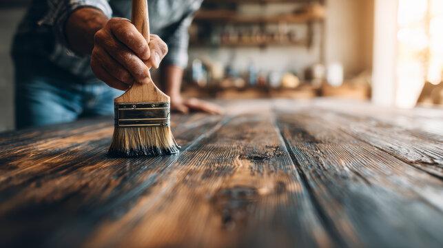 applying shellac over stian in wood table with a brush. AI generative.