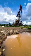 Fototapeta premium Oil Pump Jack in Rural Landscape with Reflection in Puddle