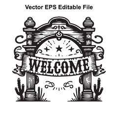 Fototapeta premium Vector art of vintage welcome arch with western elements and cactus