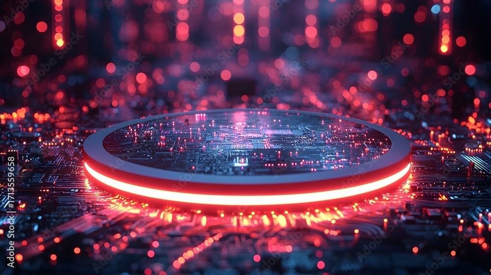 Poster a futuristic circular podium with a red glowing edge sits on a detailed abstract circuit board illum