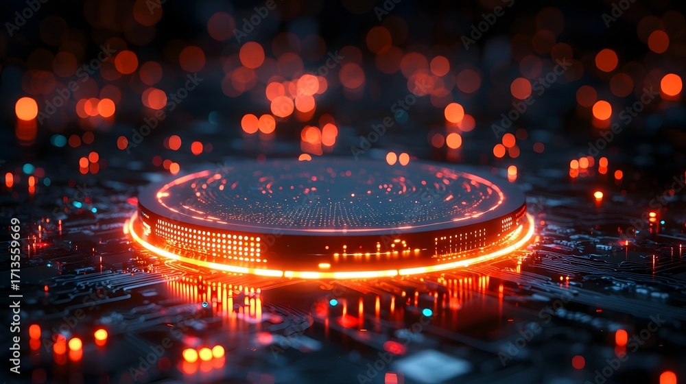 Poster a futuristic digital circuit board illuminated by vibrant orange and blue glowing lights with abstra