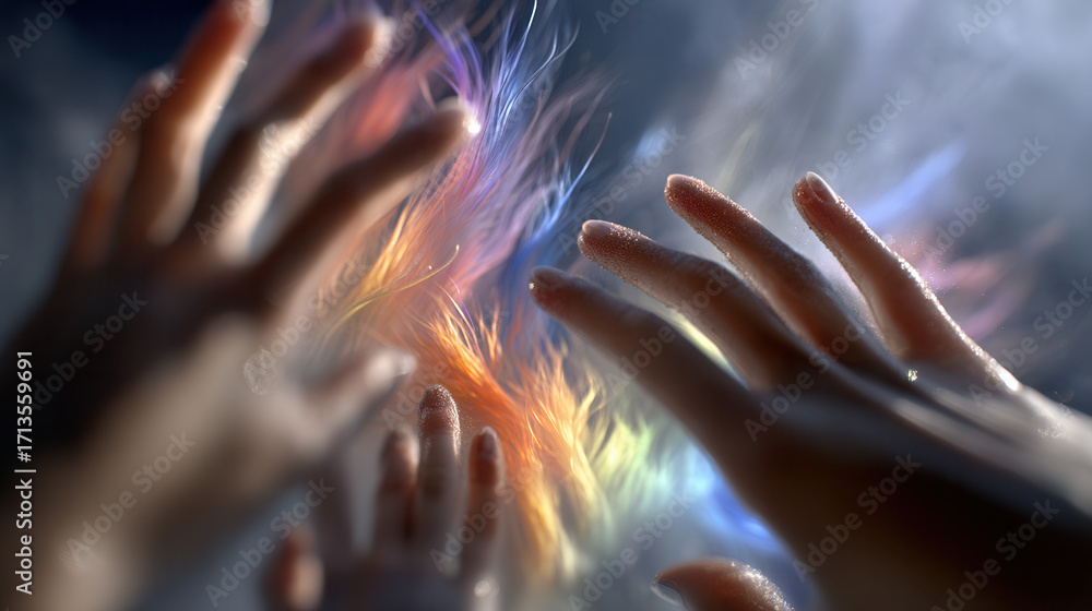 Poster hands reaching upward with colorful glowing light and soft focus creating magical and ethereal atmos