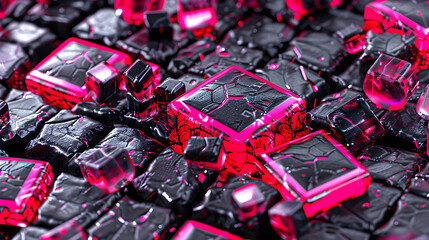 Close-up glowing pink black cracked cubes a 3D render.