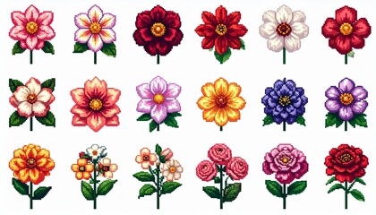 Vibrant Collection of Various Illustrated Flowers Isolated.