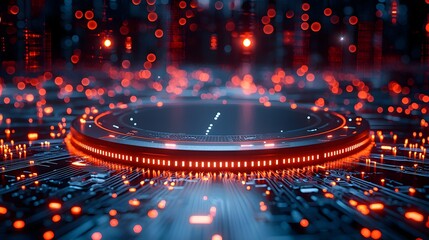 Futuristic glowing circuit board with central podium representing smart grid technology