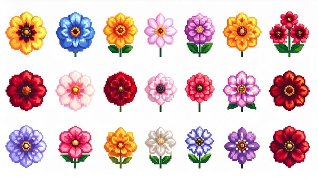 Vibrant Collection of Colorful Pixel Art Flowers for Game Design.