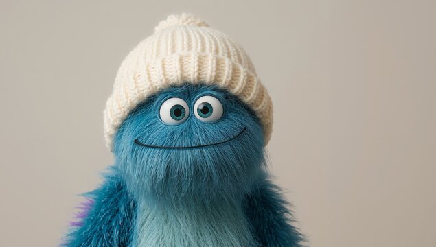 Whimsical Blue Fuzzball in a Cozy Knit Cap, Playful Character Portrait.