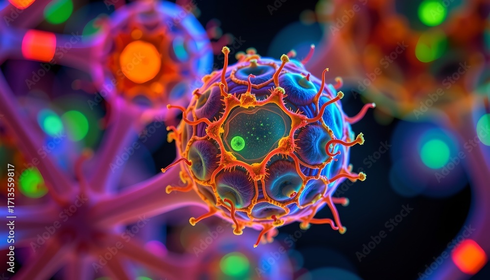 Poster microscopic view of a virus cell showcasing vibrant colors and intricate structures, a visual repres