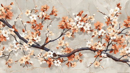 Painting delicate peach white blossoms a marble background. Perfect home decor design projects.