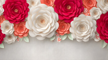 Image large, intricately crafted paper flowers shades red, white, coral, arranged against a neutral background, perfect wedding invitations feminine designs.