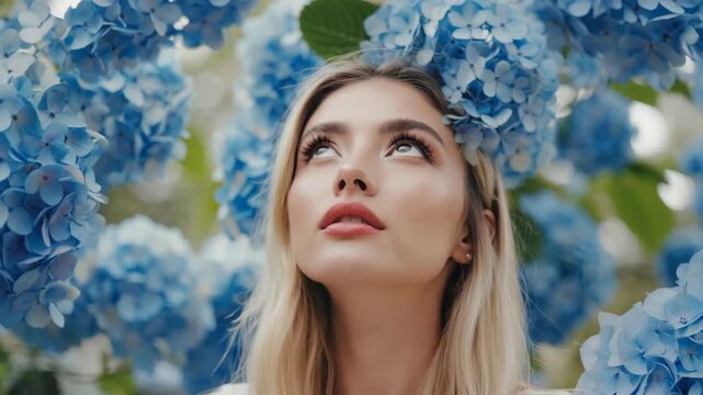 Portrait of beautiful young caucasian woman with blonde hair and blue hydrangea flower in garden