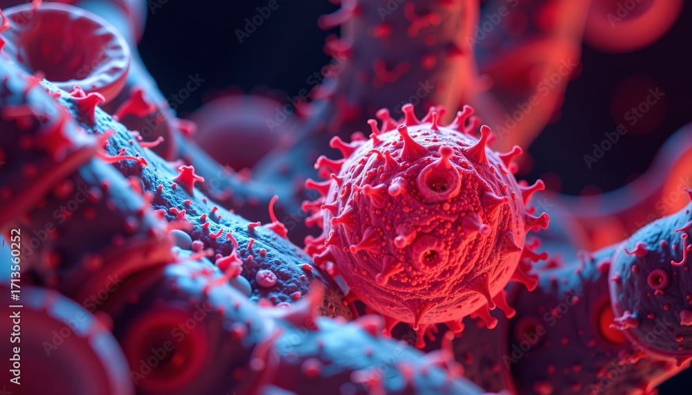 Poster a highly detailed close-up of a virus, showcasing intricate structures and textures. the image empha