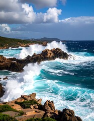 Obraz premium Dramatic coastal waves crashing on rocky shore