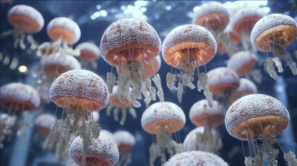 Close-up shot numerous orange jellyfish white spots gracefully drifting underwater, creating a mesmerizing scene.
