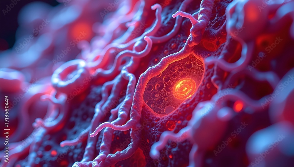 Poster intricate microscopic image depicting a cluster of cells with vibrant colors and textures. the detai