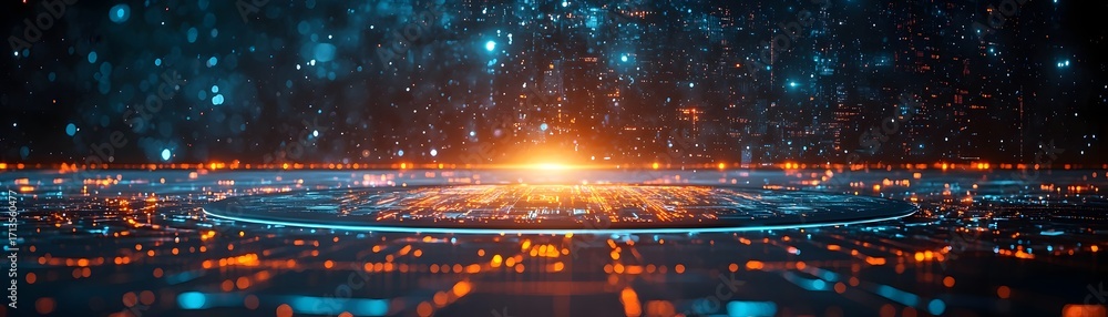Poster futuristic glowing platform in a digital network symbolizing advanced technology and global data con