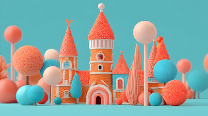 A charming 3D rendered illustration a coral-colored castle nestled amongst pastel-colored, spherical trees a teal background.