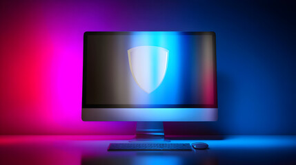 Sleek desktop computer displays a digital shield, symbolizing online security. Neon lighting enhances image's modern feel.