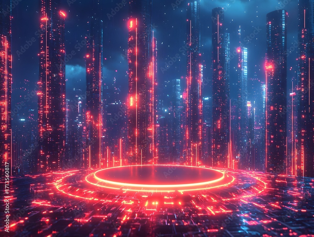 Poster a futuristic digital city with glowing red circuits and a central podium representing advanced techn