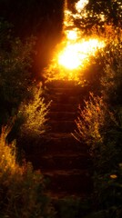 steps. Stone steps leading toward a glowing sunset, capturing a dramatic and serene natural moment. inspiring travel planning, travel magazines, designed for outdoor magazines and nature guides.