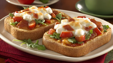 Two slices toasted bread topped melted mozzarella cheese, crispy bacon, roasted red peppers, fresh arugula. A delicious appetizing meal.