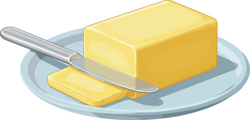 Fresh butter block on plate with knife breakfast dairy ingredient vector