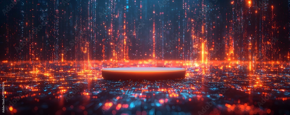 Poster a glowing futuristic digital platform rests within a vibrant stream of data particles and abstract t