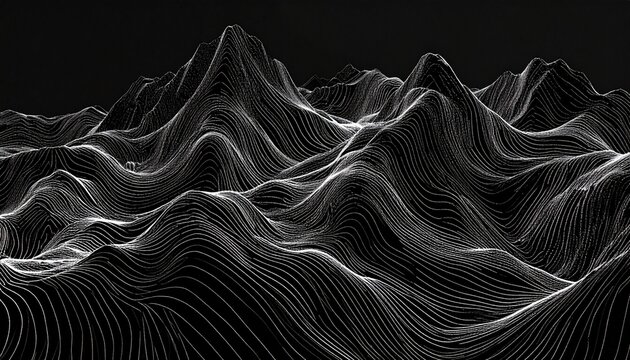 Abstract digital wireframe mountain landscape on black background.