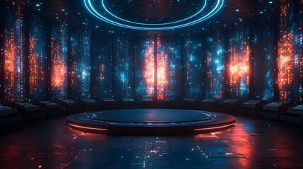 A futuristic circular control room with a central podium and glowing digital displays