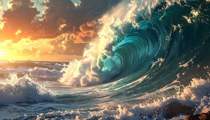 Dramatic ocean wave at sunset