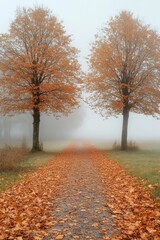 Obraz premium Misty Autumn Path Two Orange Trees and Fallen Leaves