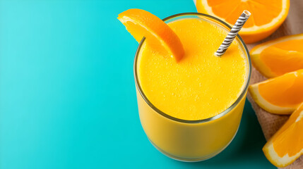 A vibrant, freshly made orange smoothie a glass, garnished orange slices, sits a turquoise background.