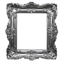 Ornate antique silver picture frame with intricate rococo style carvings and floral motifs isolated on transparent background