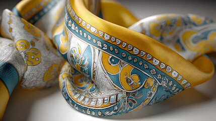 Close-up a luxurious, swirling fabric a gold teal pattern. texture rich detailed.