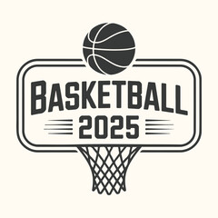 Vector art of basketball 2025 text with a basketball on top and a hoop below, isolated on a light cream background